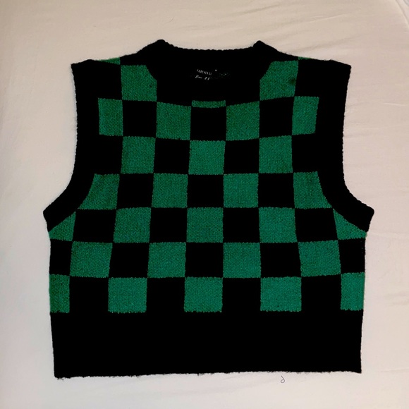 Crop Sweater Vest Greenblack Checkered 